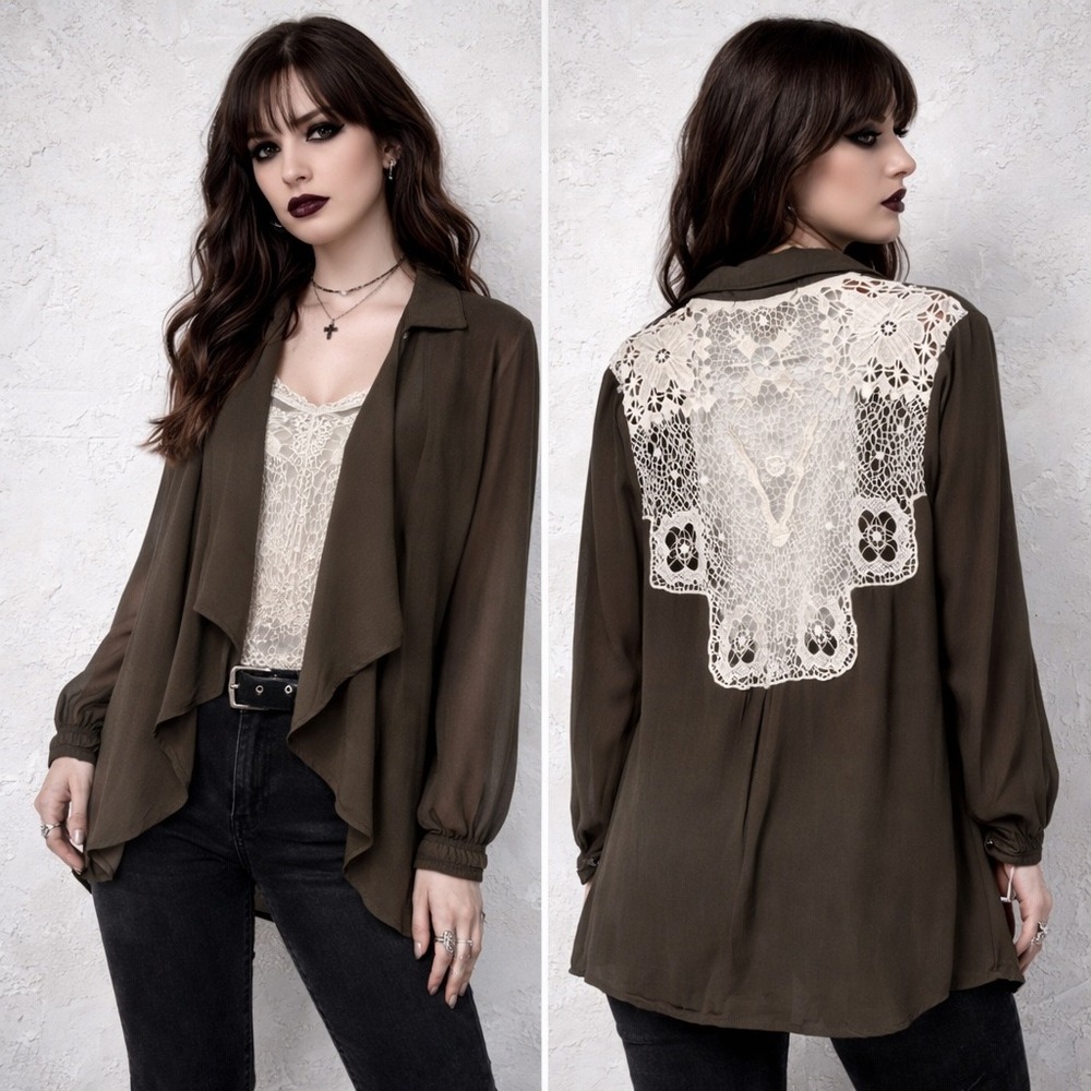 American Rag Olive Lace Back Waterfall Cardigan S Boho Indie Romantic Layering